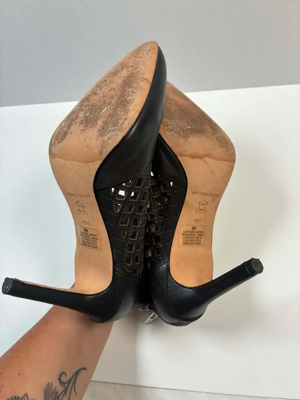 Antonio Melani Mena Black Leather Lattice Cutout Ankle Booties